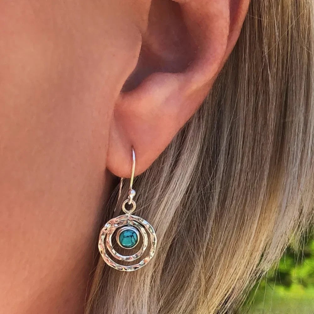 Boho Saturn Earrings with Turquoise Stone in Silver and Gold
