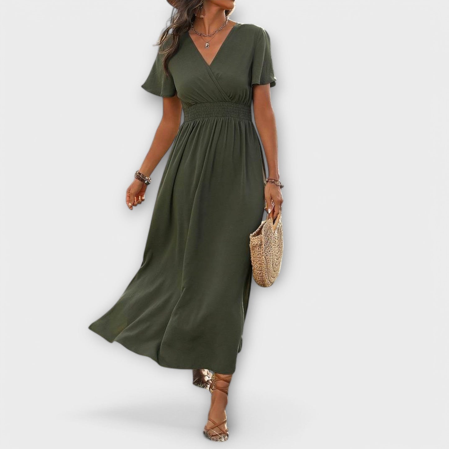 Elegant Boho Dress with V-Neck and Long Sleeves