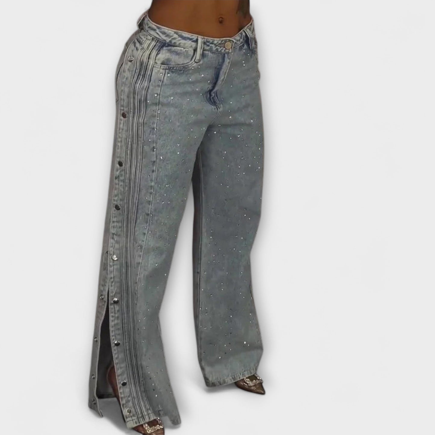 High Waist Jeans with Rhinestones and Side Buttons