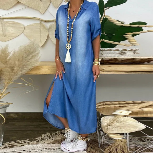 Lea™ | Long Denim-Style Dress with Side Slits