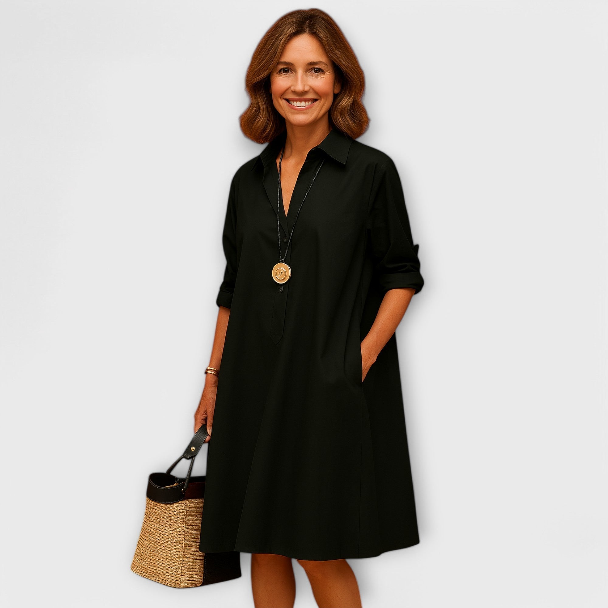 Modern Shirt Dress with Collar and 3/4 Sleeves