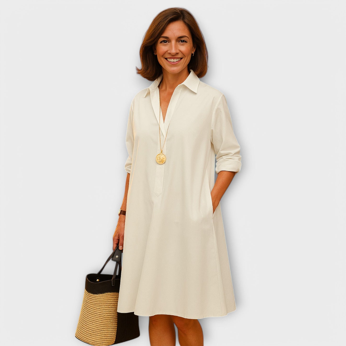 Modern Shirt Dress with Collar and 3/4 Sleeves