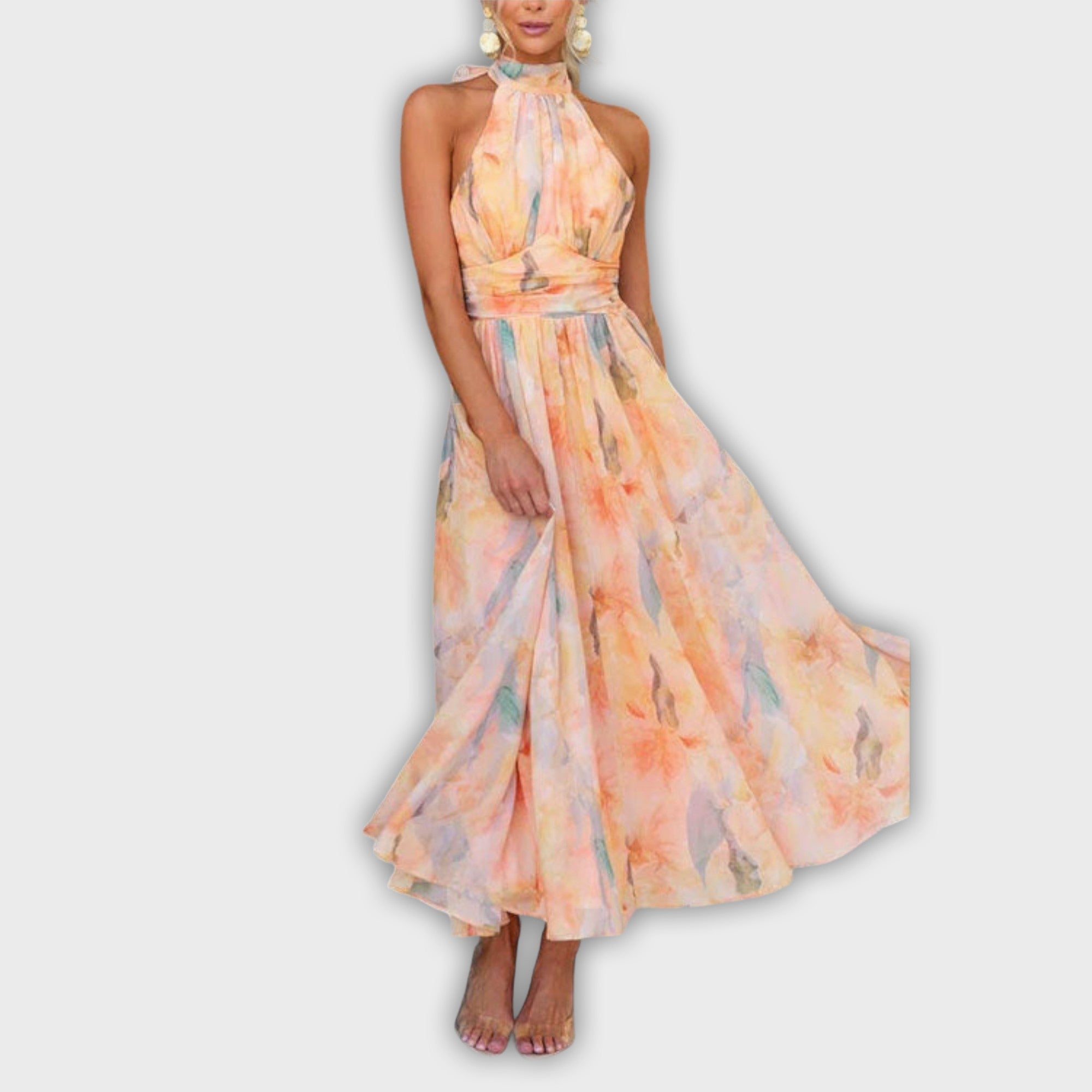 Maxi Dress with Watercolor Print and Halter Straps