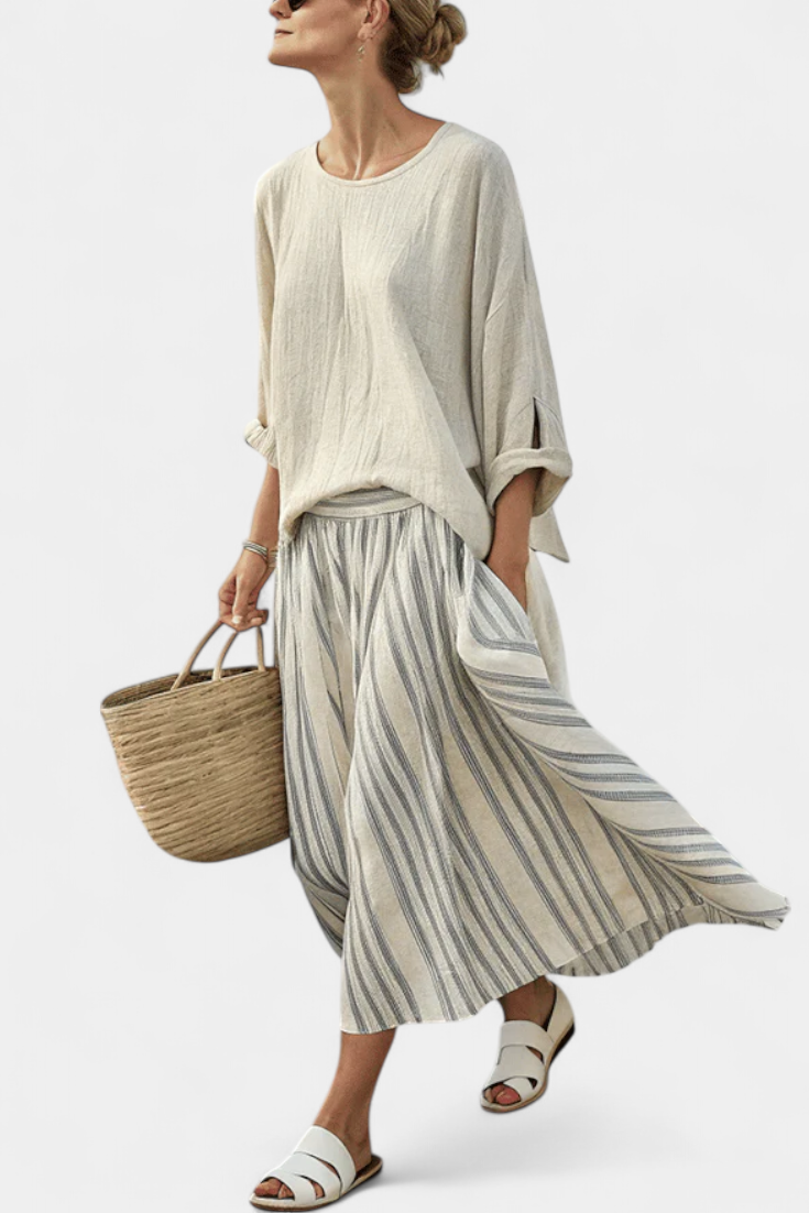 Faith - Ethnic Set Made of Linen and Bamboo with Stripes and Wide Cut