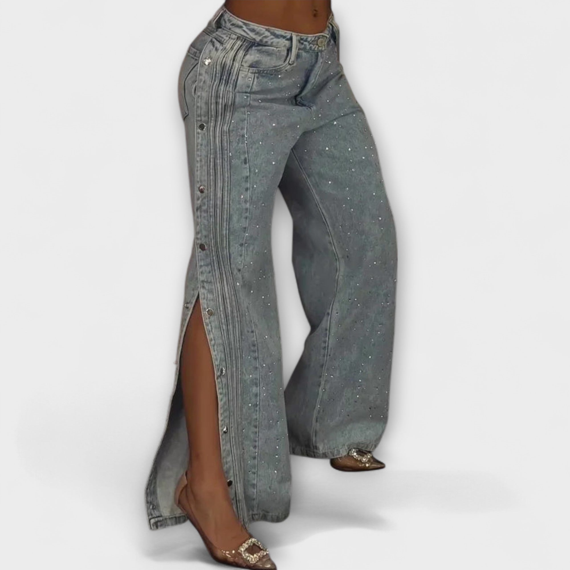 High Waist Jeans with Rhinestones and Side Buttons