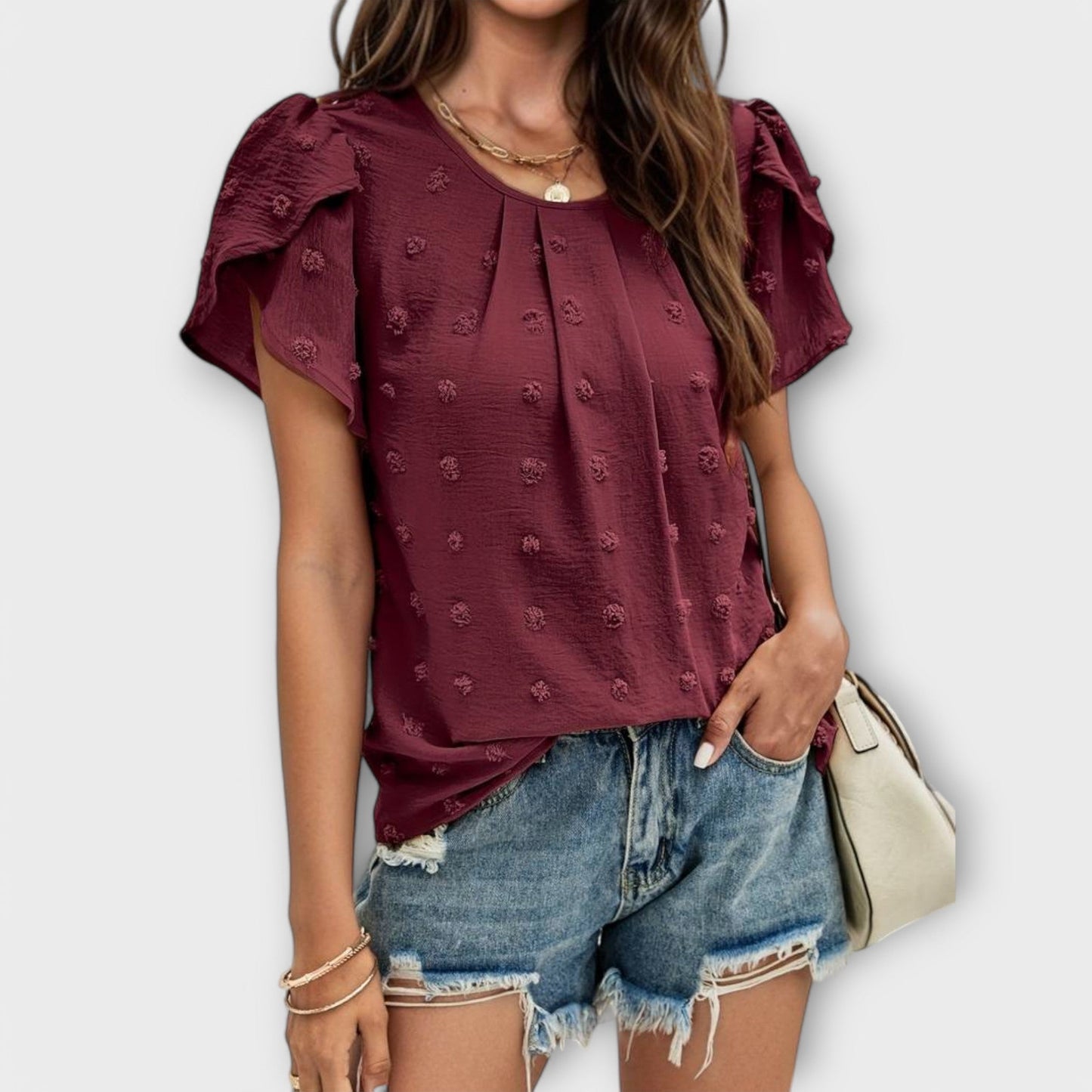Charlotte Shirt with Floral Sleeves in Swiss Dot Style