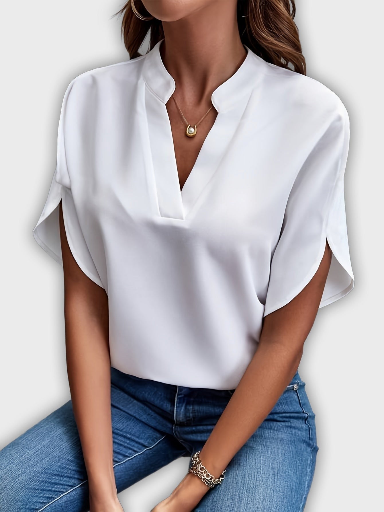 Elegant Women's Cotton-Polyester Shirt with Short Sleeves