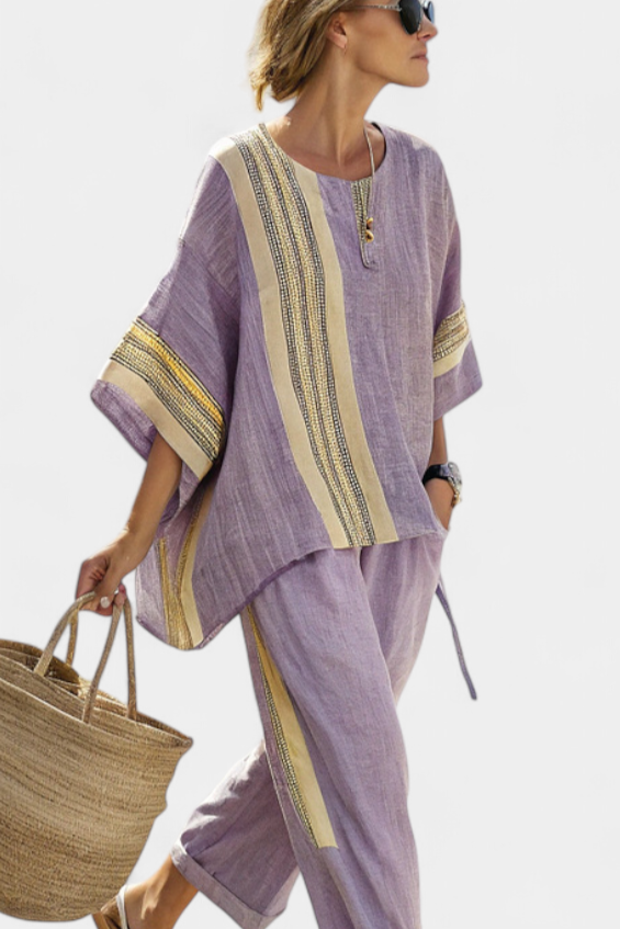 Faith - Ethnic Set Made of Linen and Bamboo with Stripes and Wide Cut