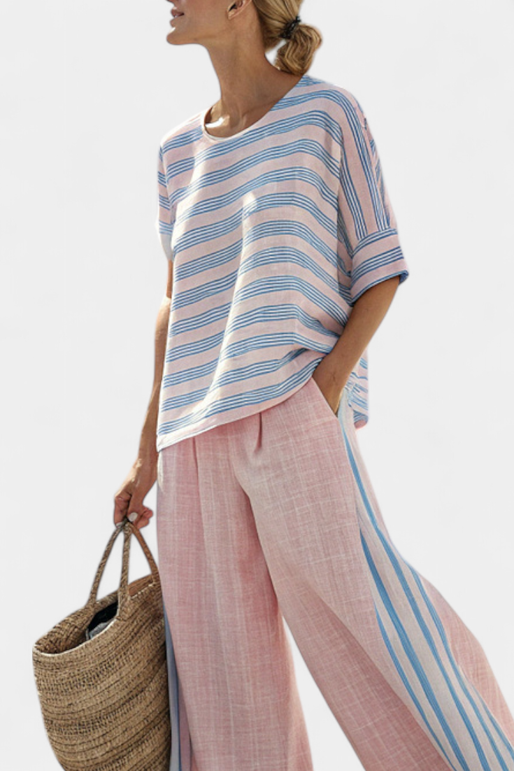 Faith - Ethnic Set Made of Linen and Bamboo with Stripes and Wide Cut