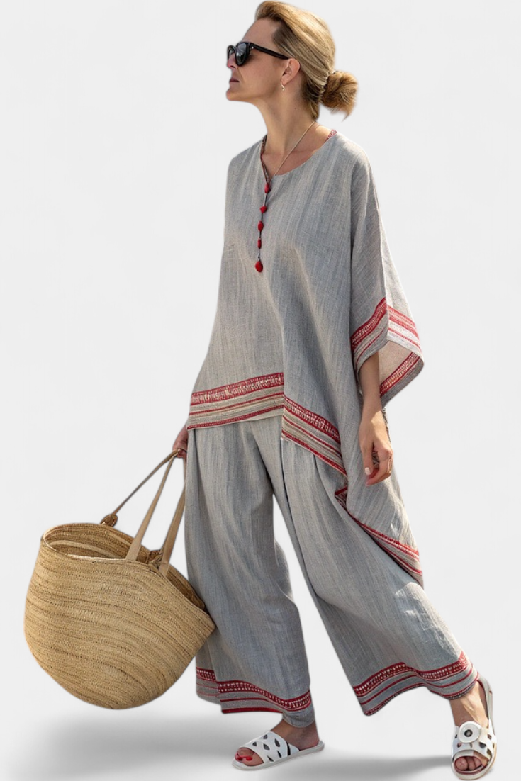 Faith - Ethnic Set Made of Linen and Bamboo with Stripes and Wide Cut