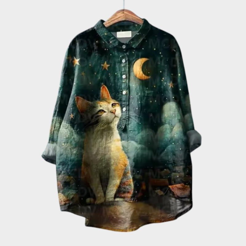 VIVIANA™ | Oversized Blouse with Cat Print