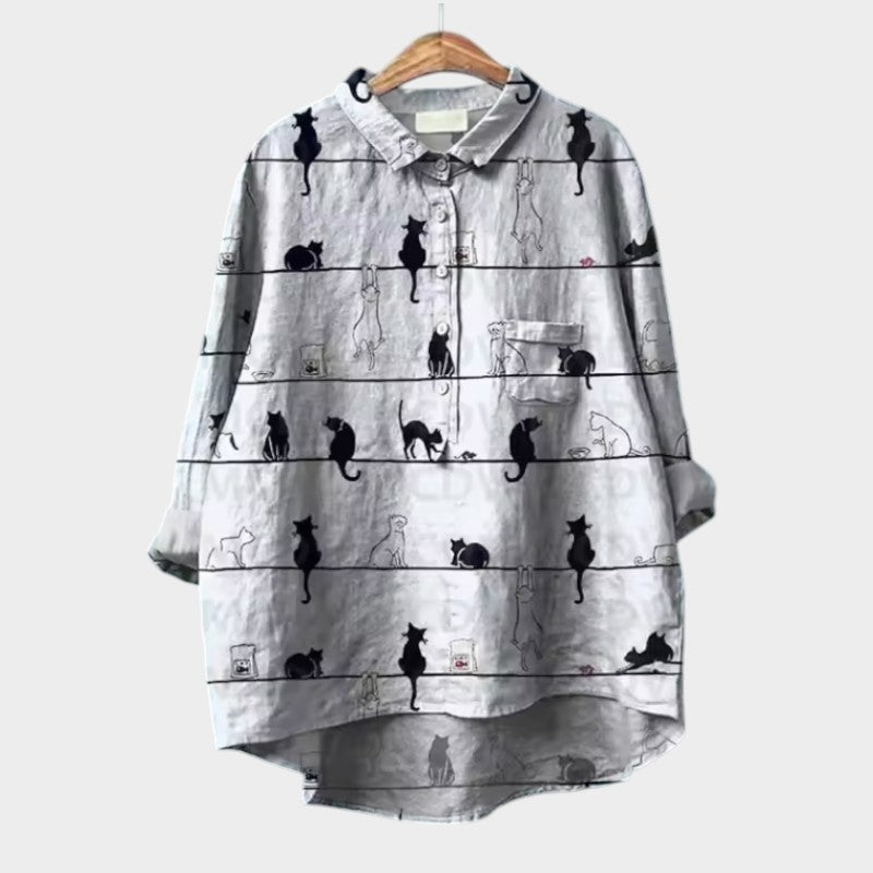 VIVIANA™ | Oversized Blouse with Cat Print