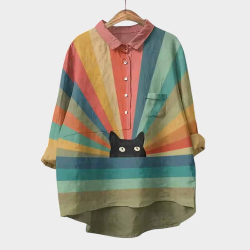 VIVIANA™ | Oversized Blouse with Cat Print
