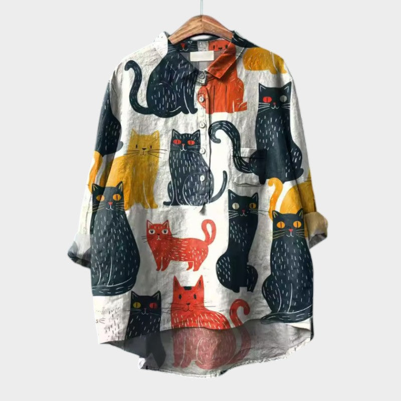 LILIANA™ | Oversized Blouse with Colourful Cats for Comfort