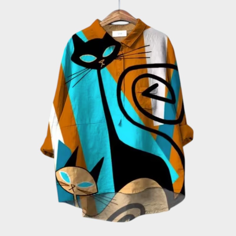 LILIANA™ | Oversized Blouse with Colourful Cats for Comfort