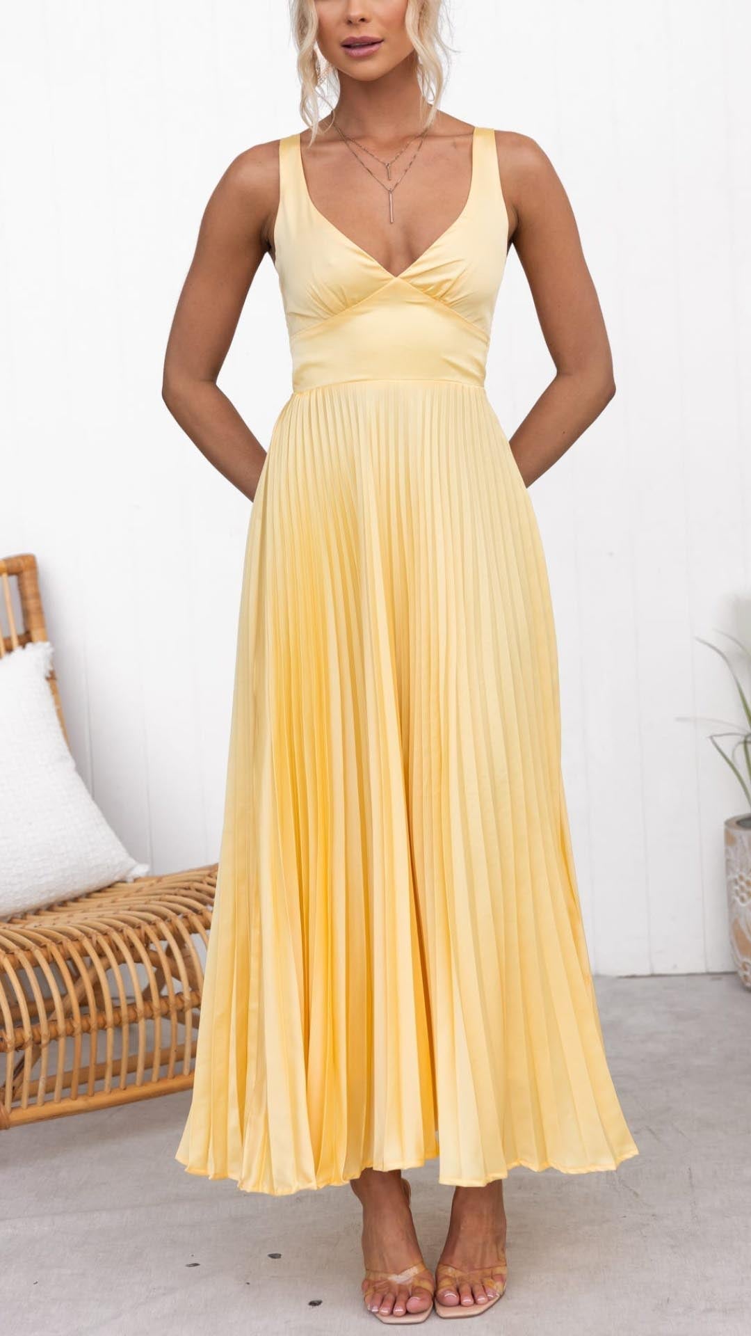 Avi - Yellow Pleated Maxi Dress with V-Neck