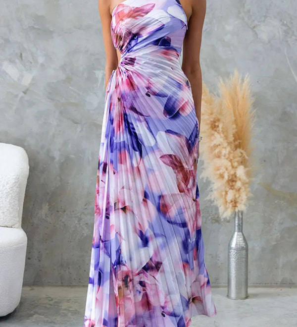 Deja - Floral Print One-Shoulder Pleated Maxi Dress
