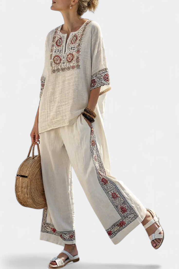 Faith - Ethnic Set Made of Linen and Bamboo with Stripes and Wide Cut