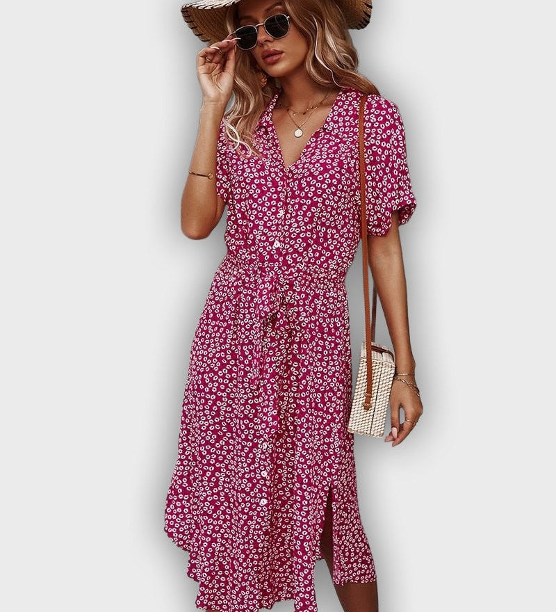 Casual Midi Summer Dress with Adjustable Waist and Flower Design