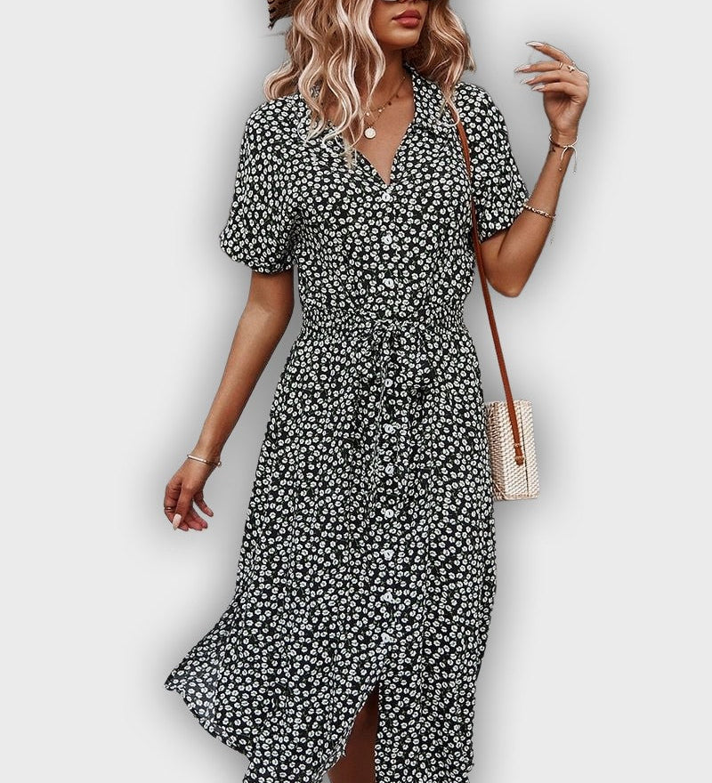 Casual Midi Summer Dress with Adjustable Waist and Flower Design
