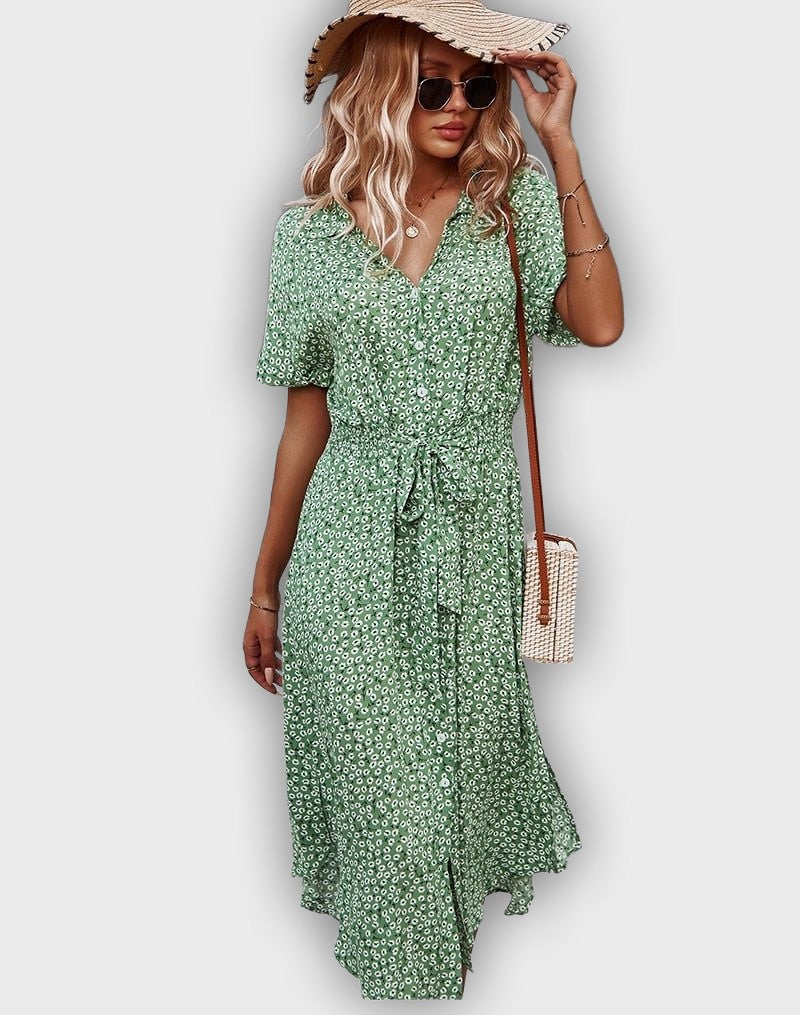Casual Midi Summer Dress with Adjustable Waist and Flower Design