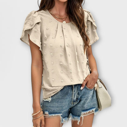 Charlotte Shirt with Floral Sleeves in Swiss Dot Style
