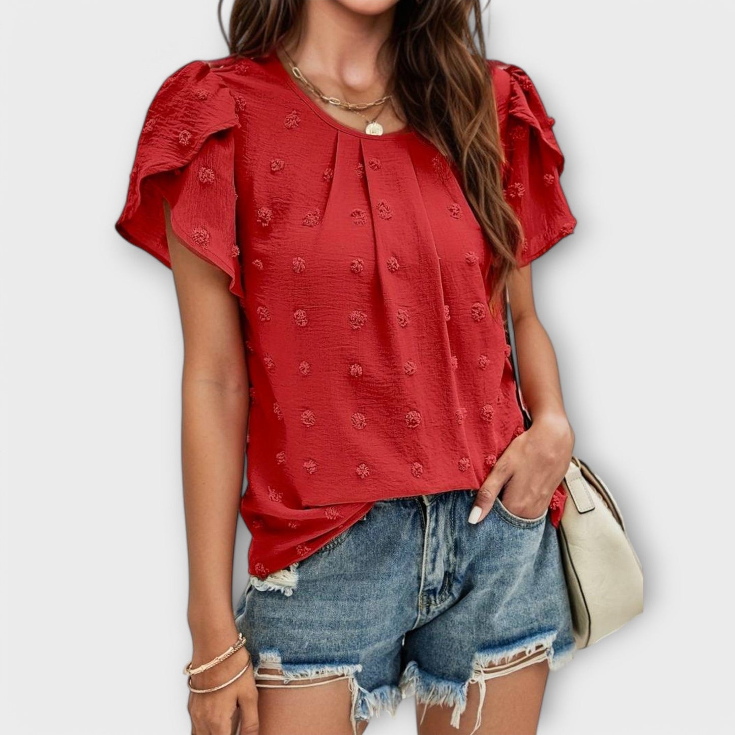 Charlotte Shirt with Floral Sleeves in Swiss Dot Style