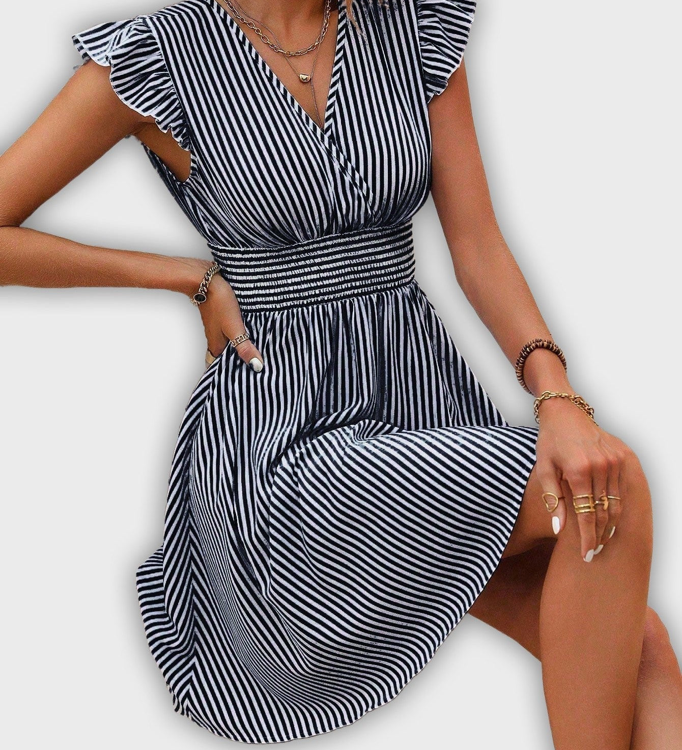 Striped Summer Dress with Rolled Sleeves and Emphasized Waist