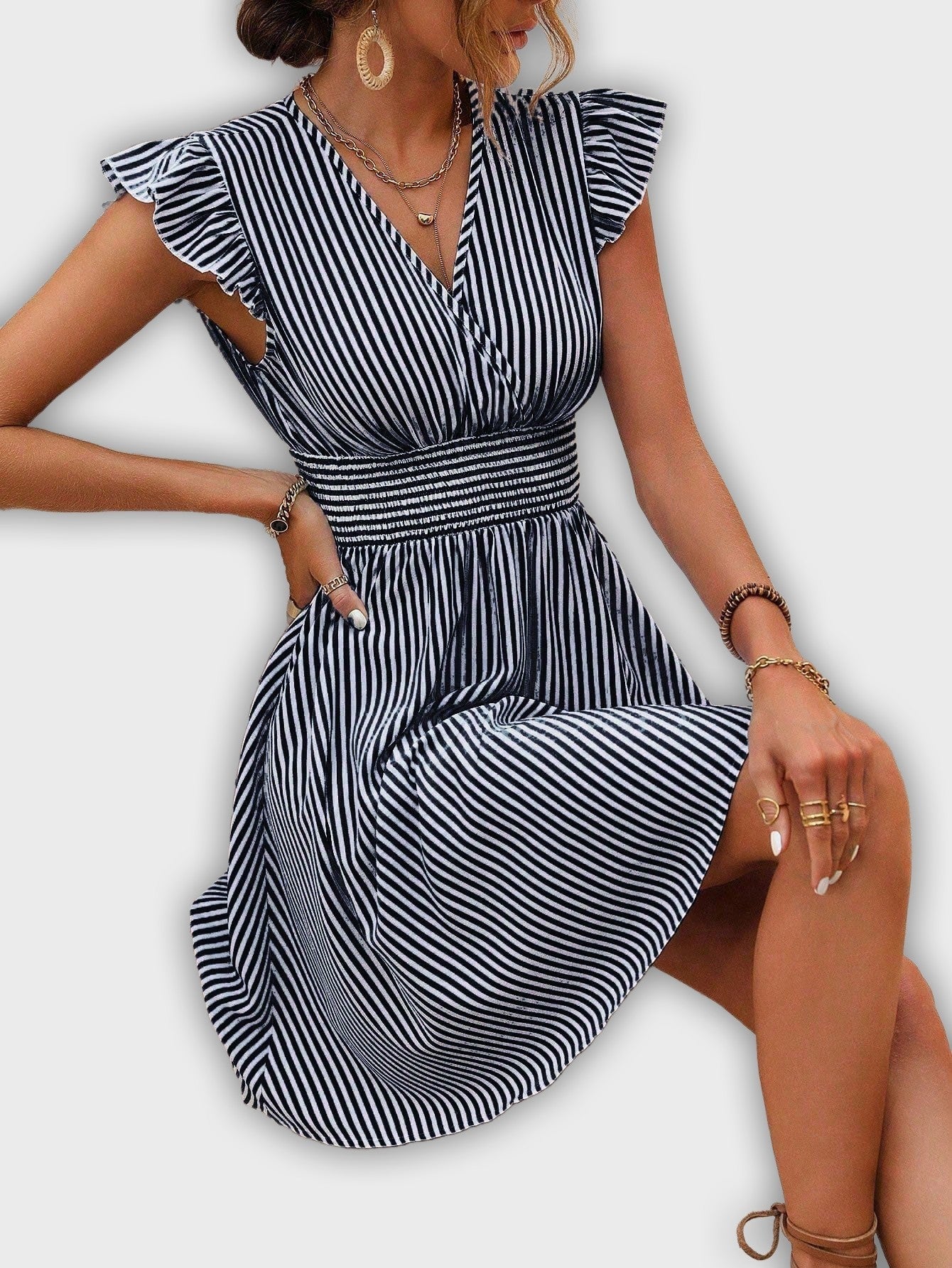 Striped Summer Dress with Rolled Sleeves and Emphasized Waist