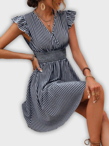 Striped Summer Dress with Rolled Sleeves and Emphasized Waist