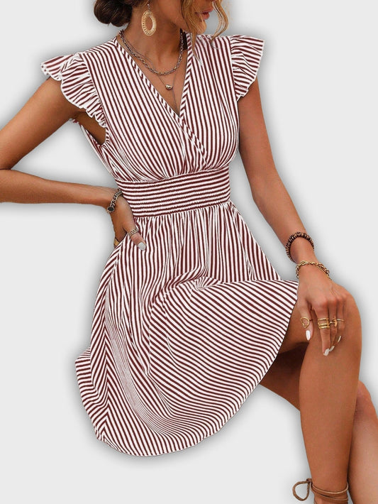 Striped Summer Dress with Rolled Sleeves and Emphasized Waist