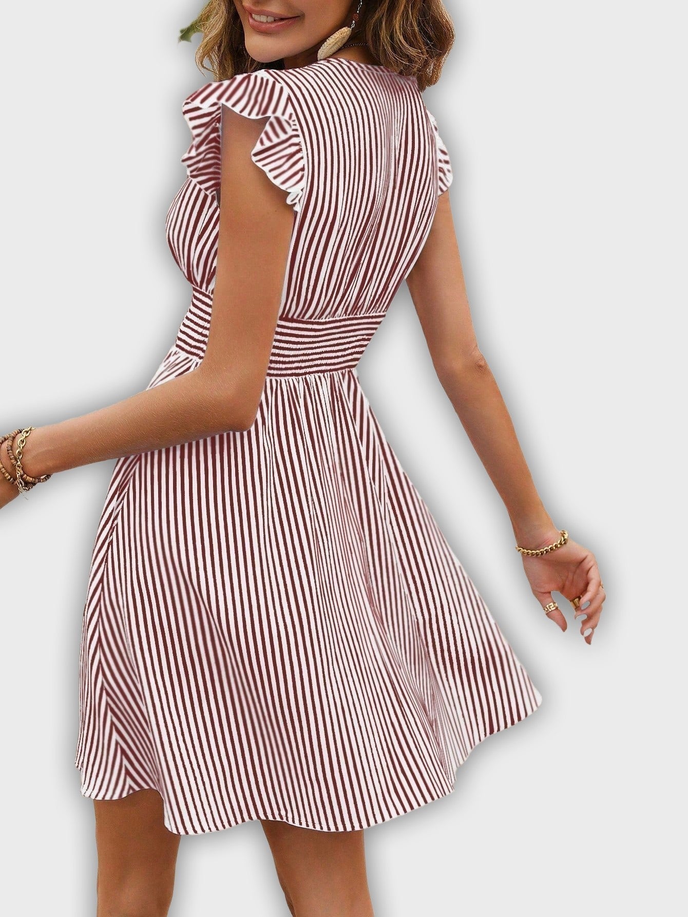 Striped Summer Dress with Rolled Sleeves and Emphasized Waist