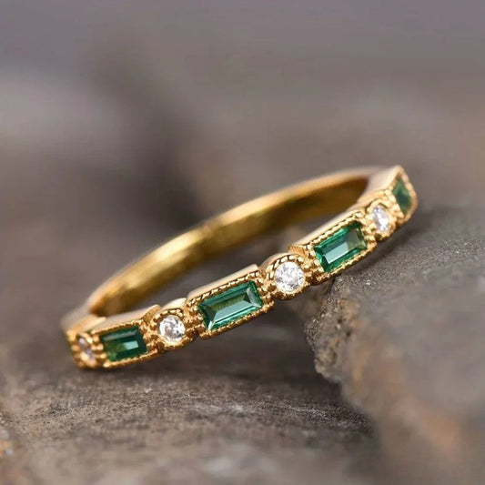 Gold Ring with Green Zirconia in Retro Design