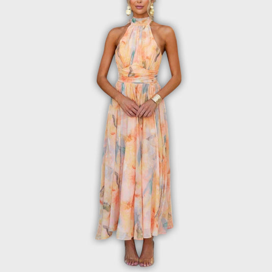 Maxi Dress with Watercolor Print and Halter Straps