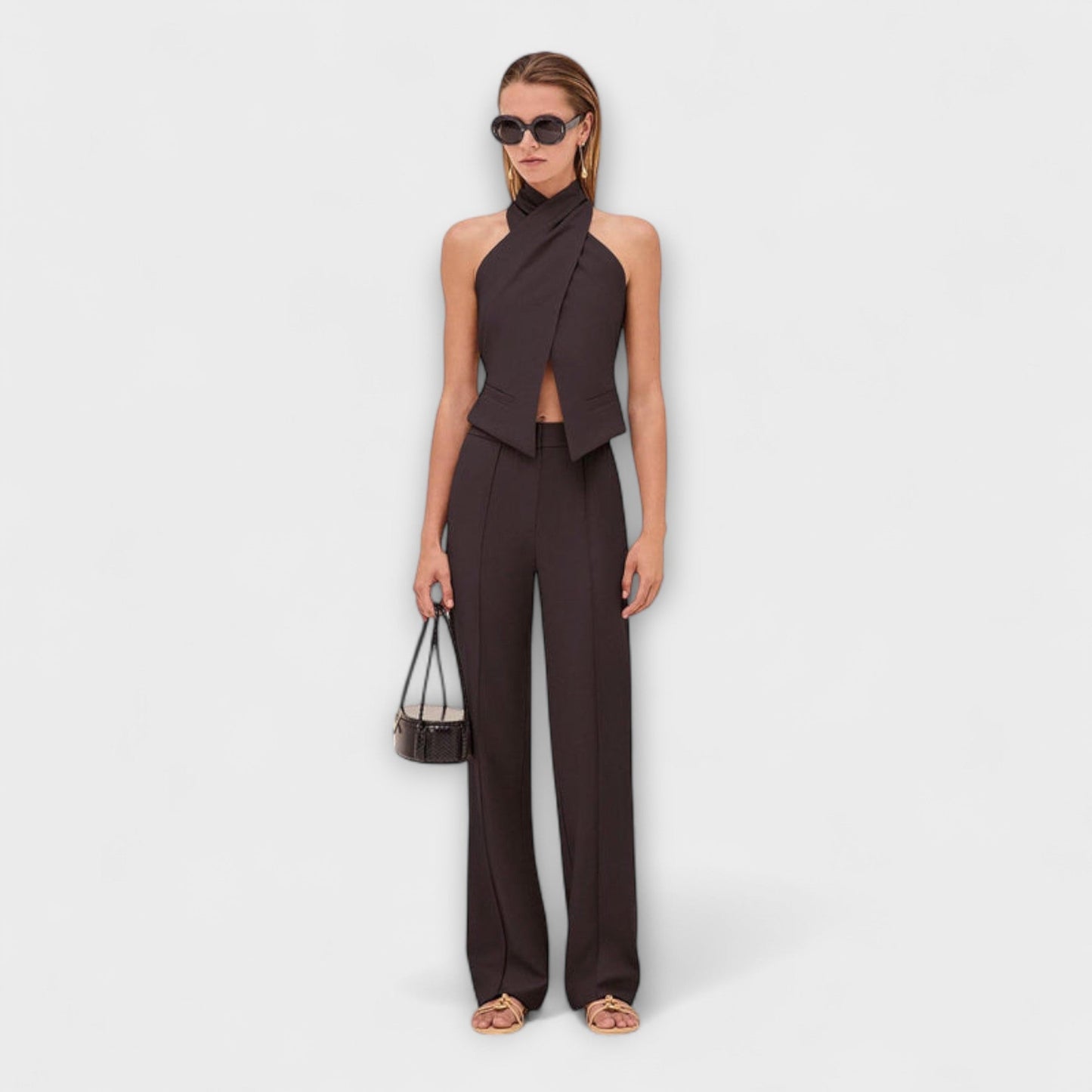 Tank top with crossover neckline and hidden zipper