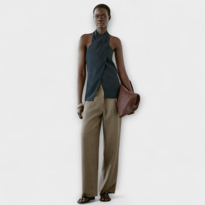 Blue Top with Tie Collar and Cut-out Back