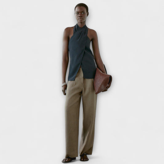 Blue Top with Tie Collar and Cut-out Back