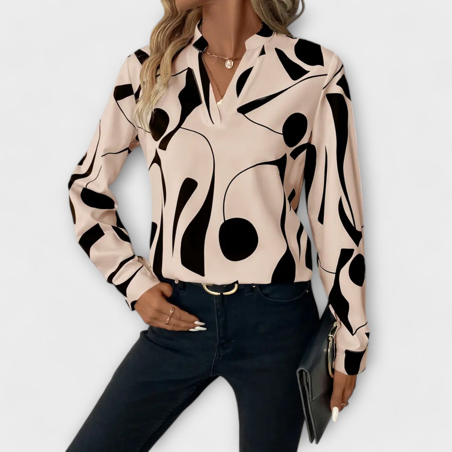Elegant Long Sleeve V-Shaped Shirt with Geometric Pattern