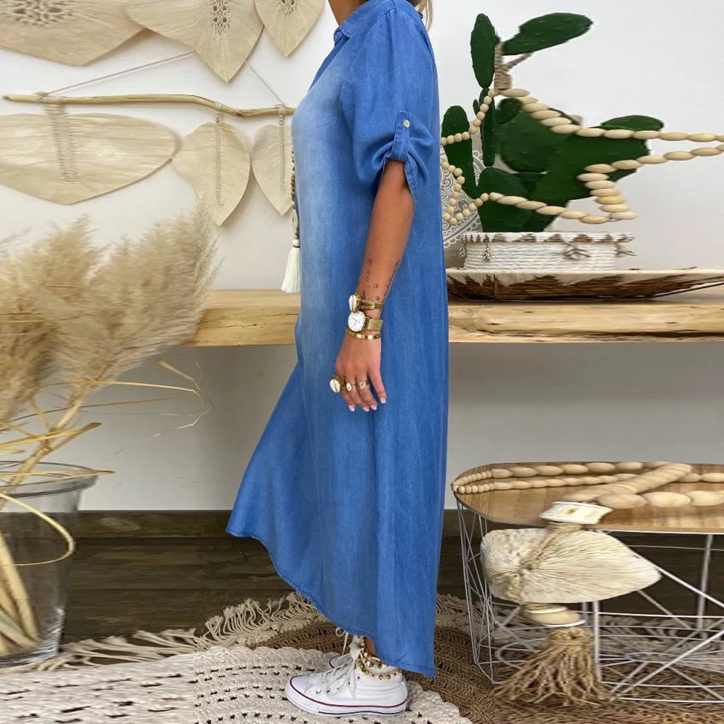 Lea™ | Long Denim-Style Dress with Side Slits