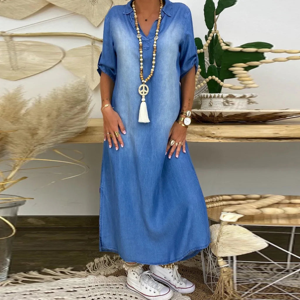 Lea™ | Long Denim-Style Dress with Side Slits