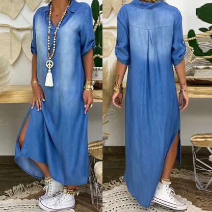 Lea™ | Long Denim-Style Dress with Side Slits