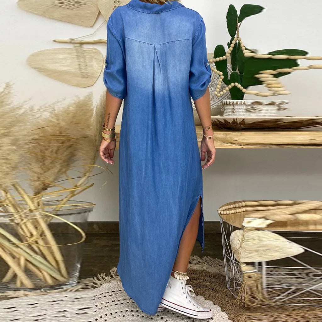 Lea™ | Long Denim-Style Dress with Side Slits