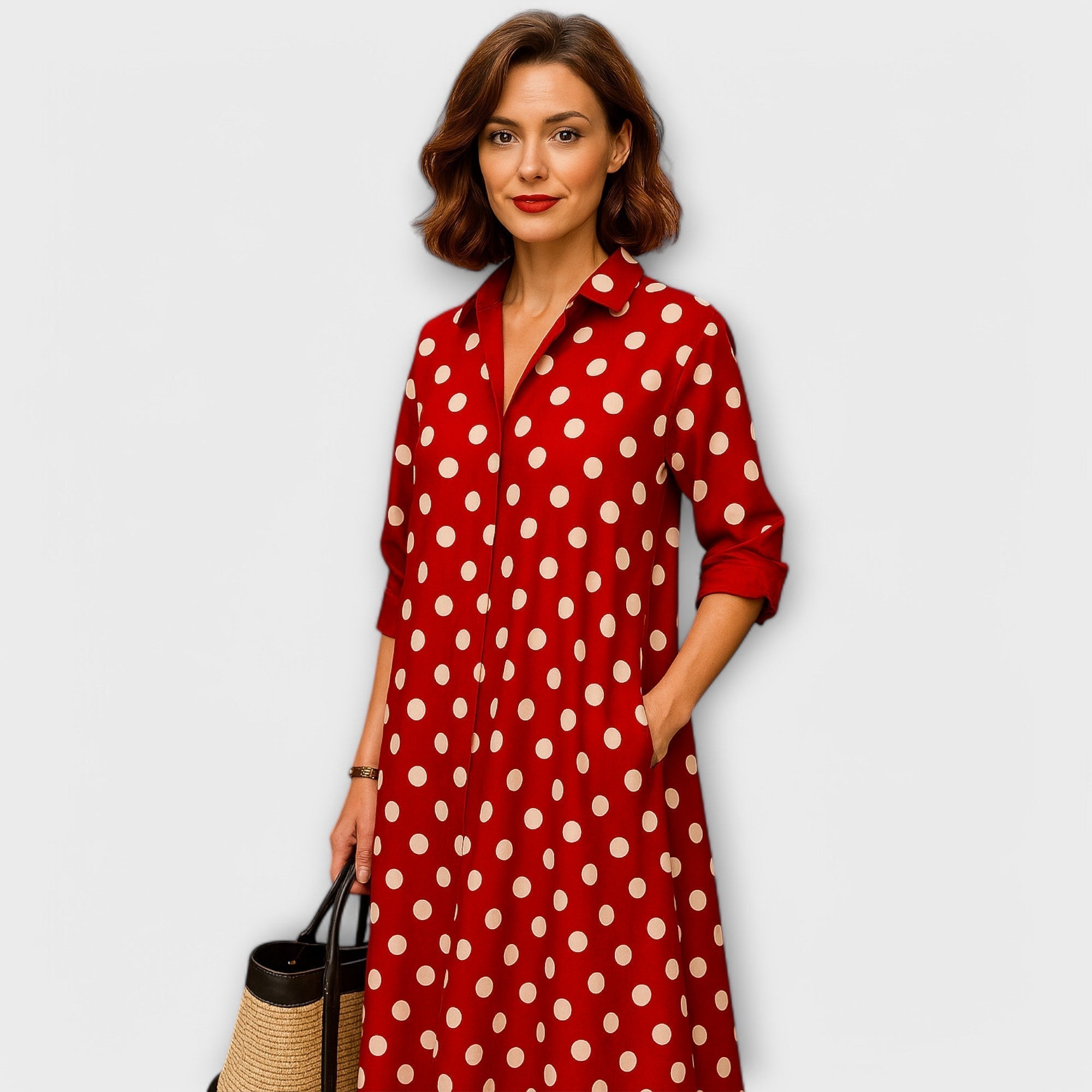 Modern Shirt Dress with Collar and 3/4 Sleeves