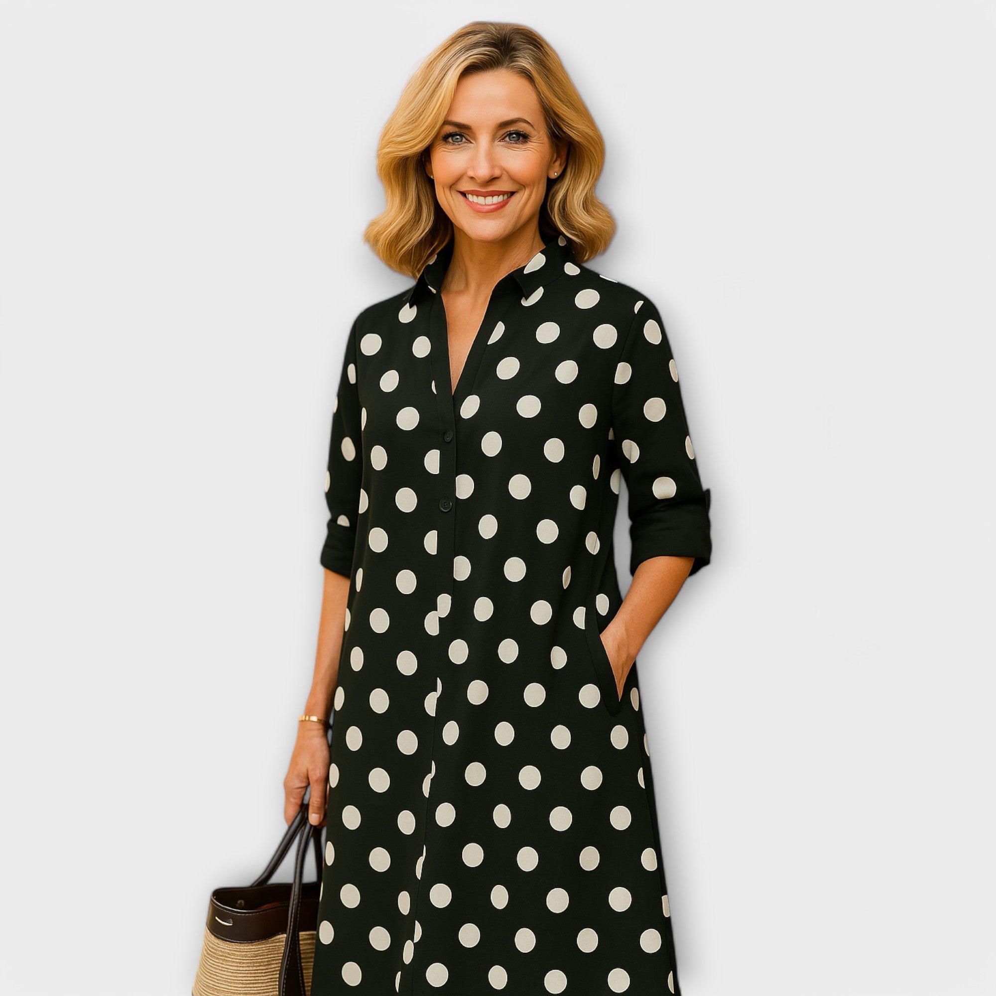 Modern Shirt Dress with Collar and 3/4 Sleeves