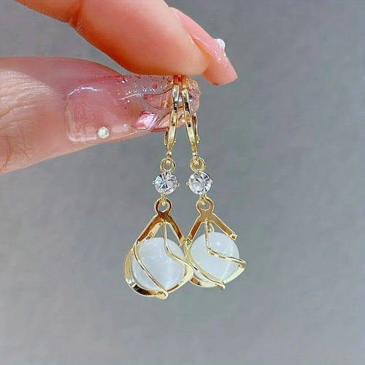 Gold Drip Earrings with Antique White Opal