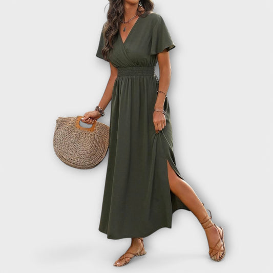 Elegant Boho Dress with V-Neck and Long Sleeves