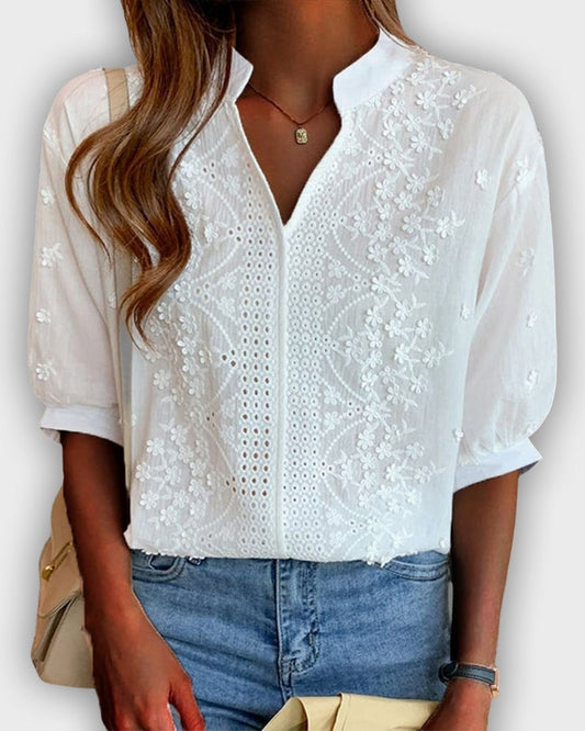 Blouse with Puff Sleeves and Lace V-Neck Design