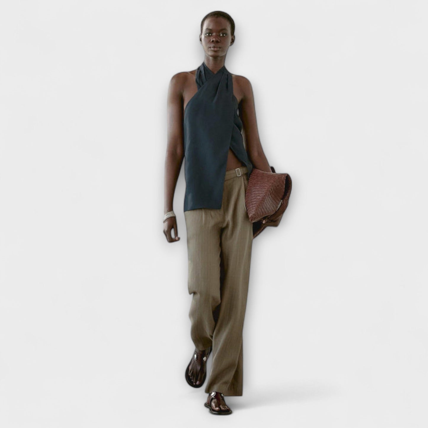 Blue Top with Tie Collar and Cut-out Back