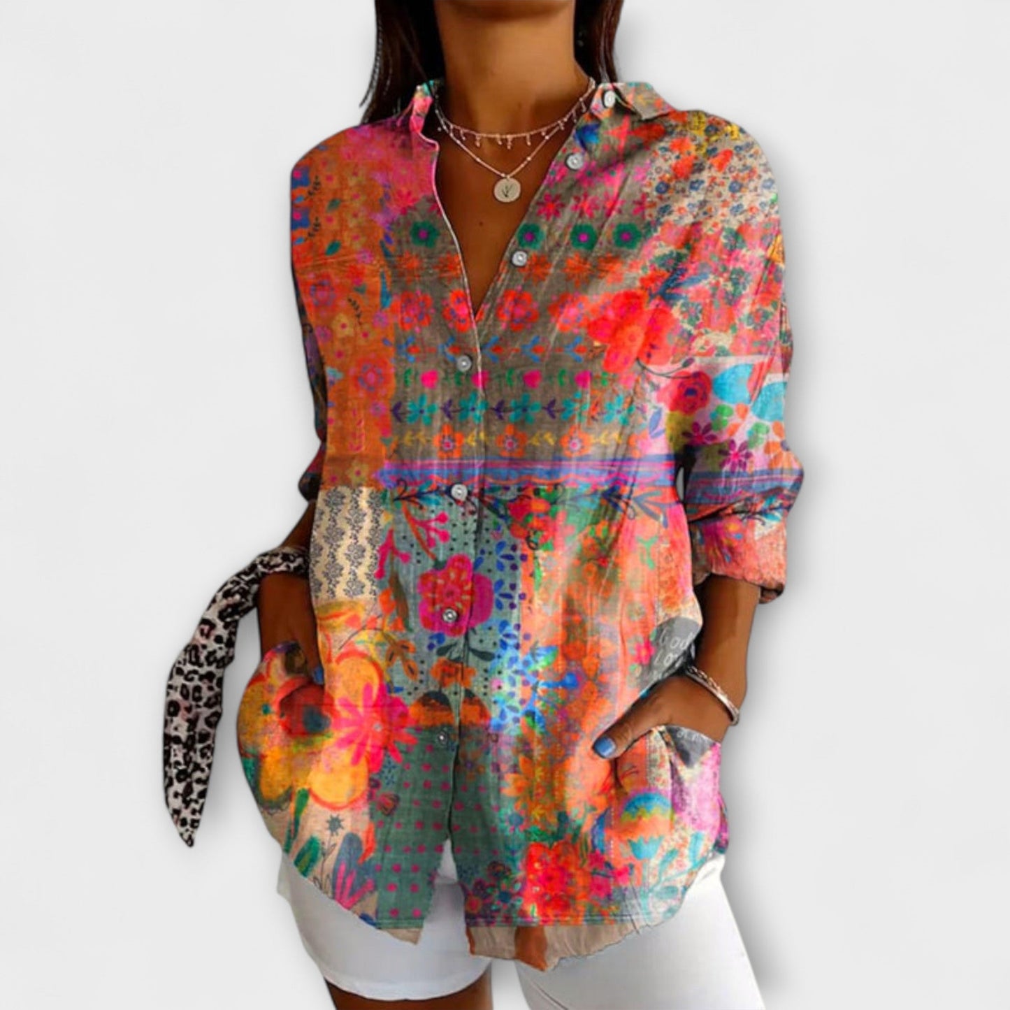 Women's Button-Up Shirt with Floral Print - Long Sleeves