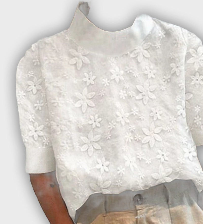 Elegant Cotton Top with Lace and Stylish Collar